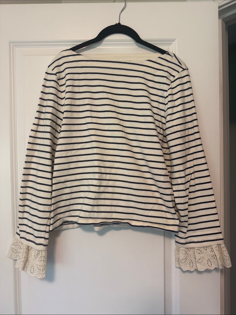 J. Crew Cream and Black Striped Long Sleeve Tee with Lace Cuffs